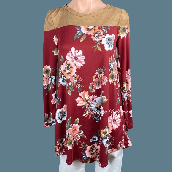 Burgundy Floral Tunic Top with Suede Shoulders - Picture 2 of 5